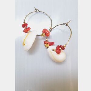 Red Coral Antique.Bronze Hoops Hidden Meaning earrings Natural Elements, M  373■